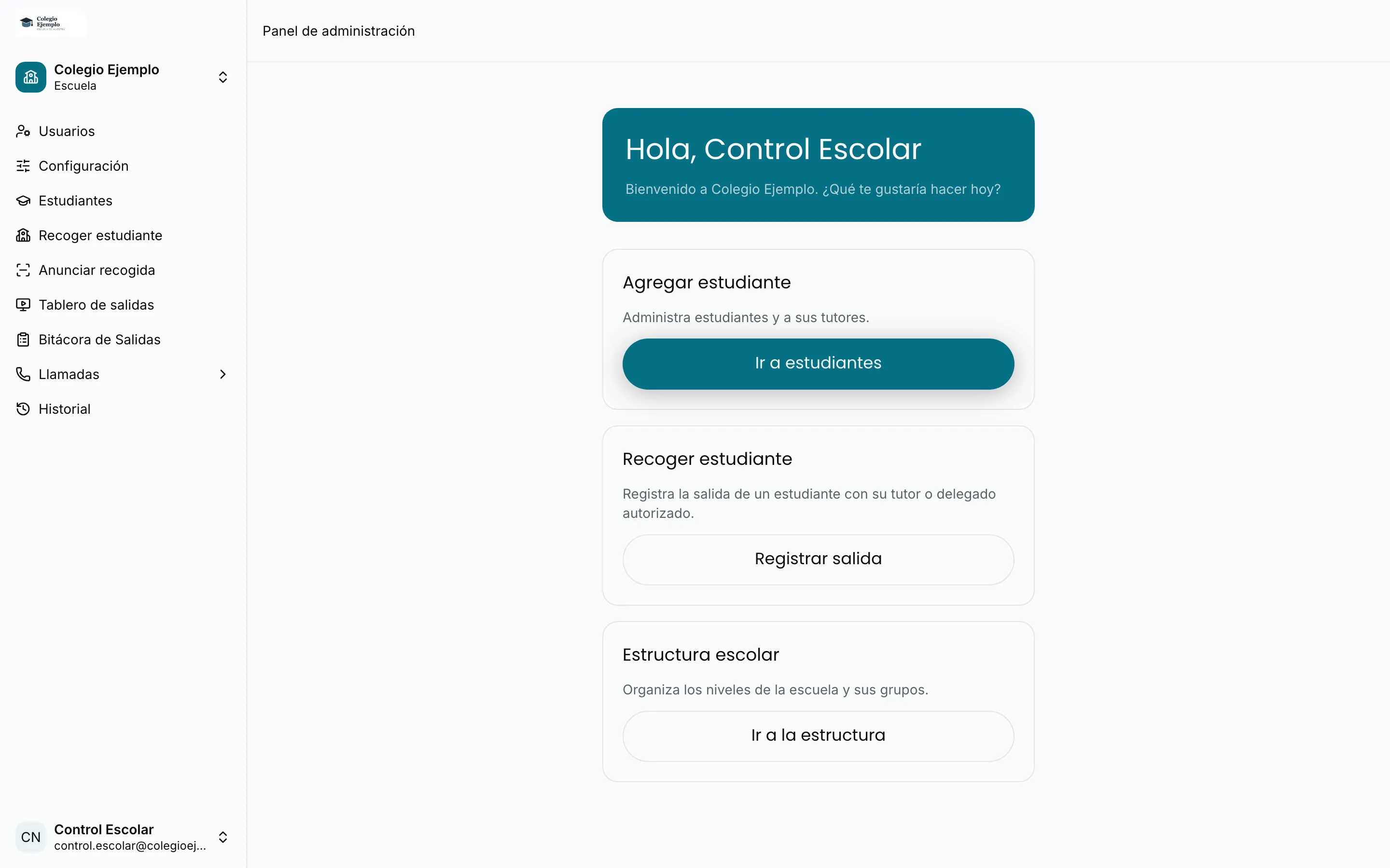 El panel de administración con sus tres accesos