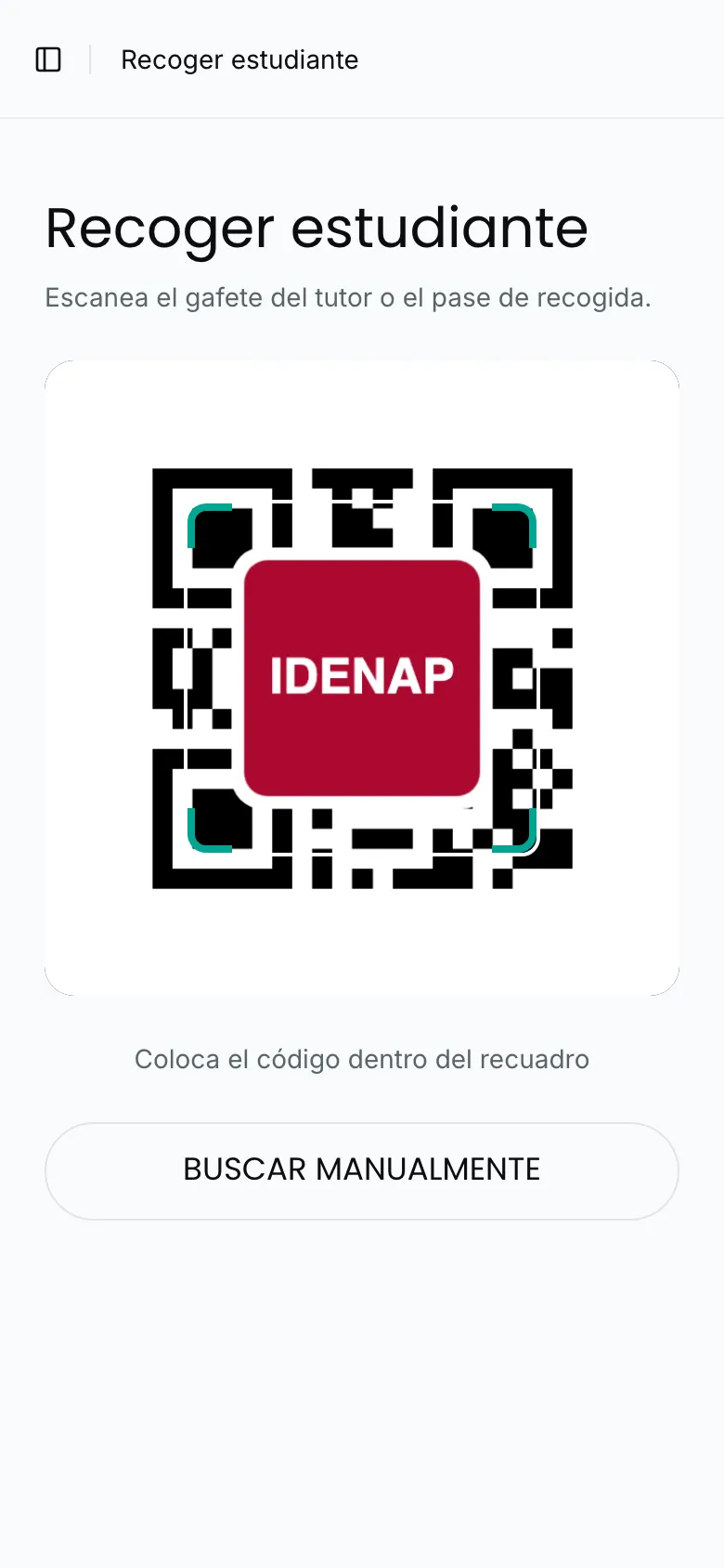 El escáner de «Recoger estudiante», con el botón BUSCAR MANUALMENTE debajo