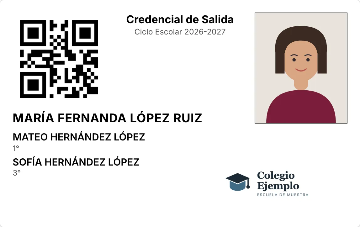 Credencial de Salida de una tutora, con su código QR, sus dos hijos y su foto